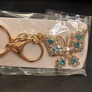 Mint Gold Butterfly Keychain with Teal and Clear Crystals